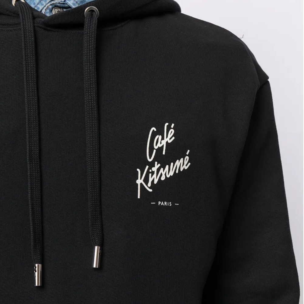 CAFÉ KITSUNÉ NWT Men's Logo Print Black Drawstring‎ Hoodie Front Pouch Comfy XS